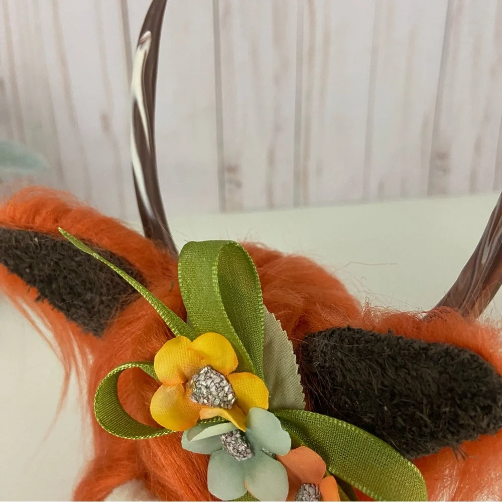 Handmade Highland Cow Rust Faux Fur Leather Ears Clay Hooves Horns Floral Bow - Picture 11 of 13